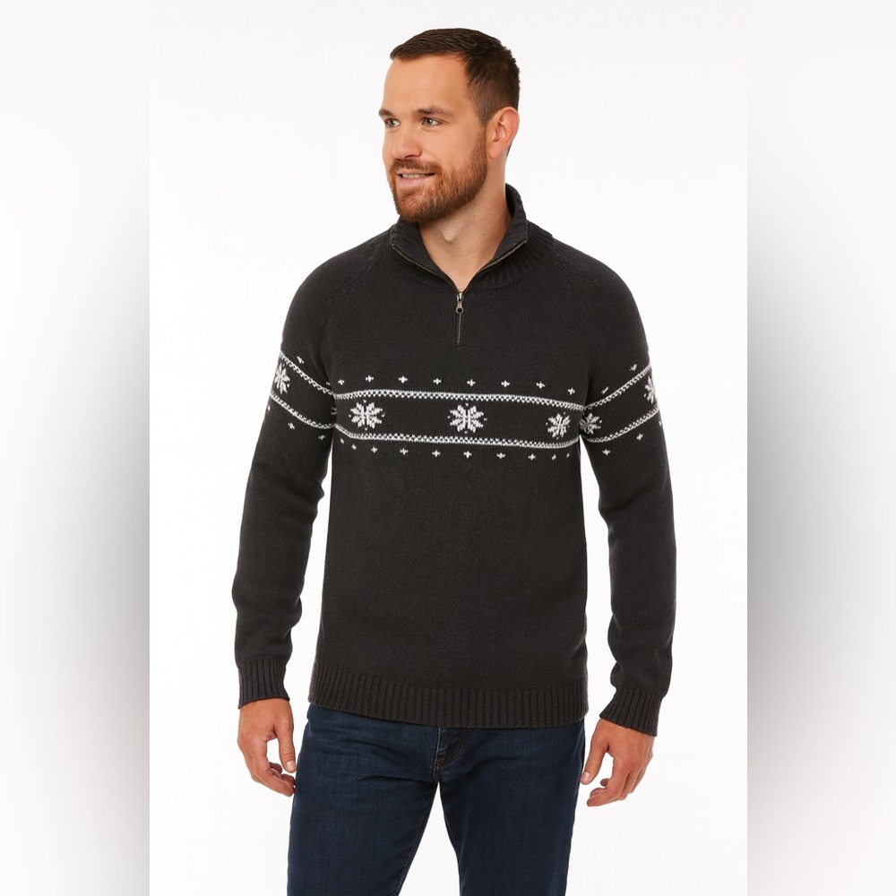 Tommy Hilfiger Men’s Quarter Zip Winter Snowflake Sweater. Charcoal Grey. M/L
